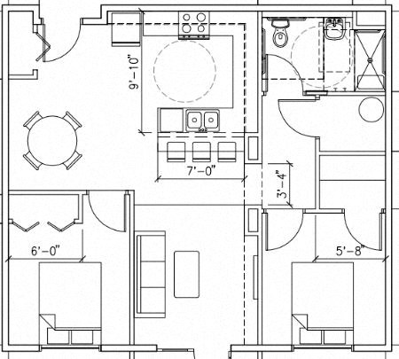 Floor plan for 2 beds, 1 bath, 918 sqft